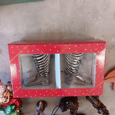HALLMARK SANTA, DILLARD'S SANTA BOOTS & HANDCRAFTED GOOFY HORSE ORNAMENTS PLUS CHRISTMAS SHAKERS