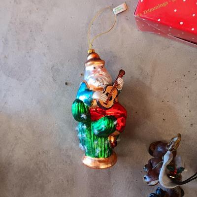 HALLMARK SANTA, DILLARD'S SANTA BOOTS & HANDCRAFTED GOOFY HORSE ORNAMENTS PLUS CHRISTMAS SHAKERS