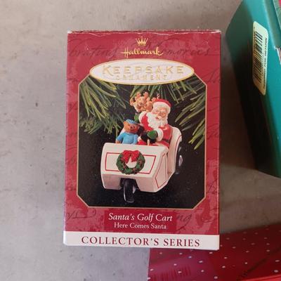 HALLMARK SANTA, DILLARD'S SANTA BOOTS & HANDCRAFTED GOOFY HORSE ORNAMENTS PLUS CHRISTMAS SHAKERS
