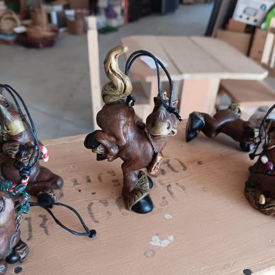 HALLMARK SANTA, DILLARD'S SANTA BOOTS & HANDCRAFTED GOOFY HORSE ORNAMENTS PLUS CHRISTMAS SHAKERS