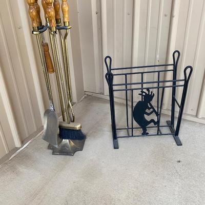 FIRE PLACE TOOLS AND IRON MAGAZINE RACK