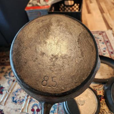 3 cast Iron Pans Erie 9b , 8.5 , Lodge 9, + 1 French Fish Pan
