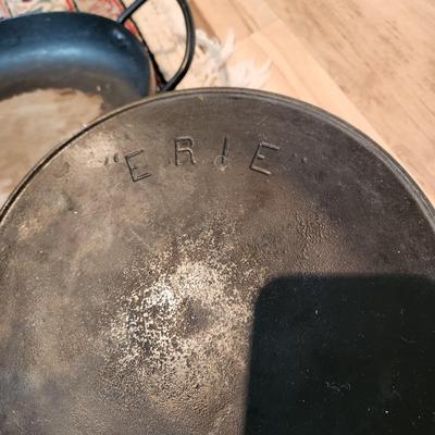 3 cast Iron Pans Erie 9b , 8.5 , Lodge 9, + 1 French Fish Pan