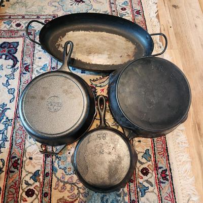3 cast Iron Pans Erie 9b , 8.5 , Lodge 9, + 1 French Fish Pan