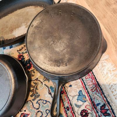 3 cast Iron Pans Erie 9b , 8.5 , Lodge 9, + 1 French Fish Pan