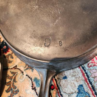3 cast Iron Pans Erie 9b , 8.5 , Lodge 9, + 1 French Fish Pan
