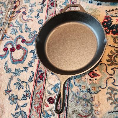 3 cast Iron Pans Erie 9b , 8.5 , Lodge 9, + 1 French Fish Pan