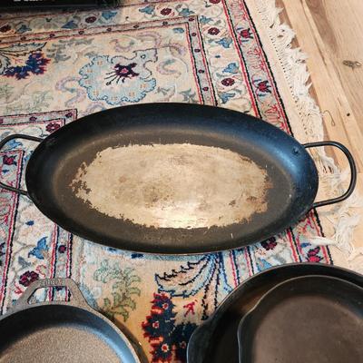 3 cast Iron Pans Erie 9b , 8.5 , Lodge 9, + 1 French Fish Pan