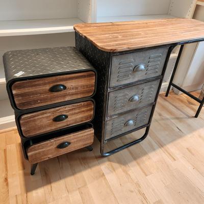 Steam Punk Style Metal & Wood 3 drawer Desk w 3 Drawer Storage Cabinet