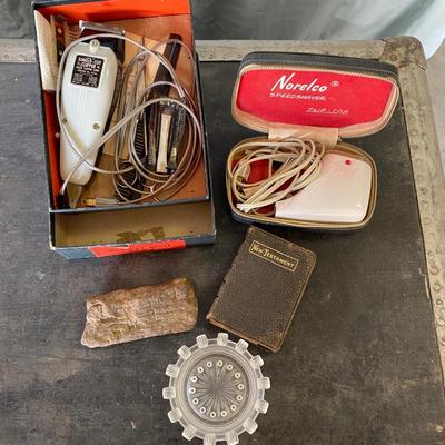 VINTAGE RAZORS, A PIECE OF PETRIFIED WOOD, AN ASH TRAY AND A POCKET BIBLE