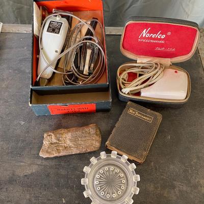 VINTAGE RAZORS, A PIECE OF PETRIFIED WOOD, AN ASH TRAY AND A POCKET BIBLE