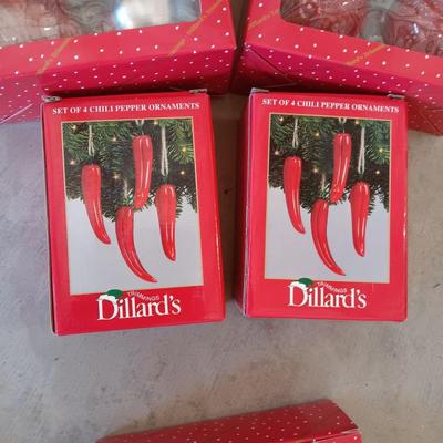DILLARD'S RED CHILI PEPPERS, SANTAS BOOTS AND BANDANA ORNAMENTS