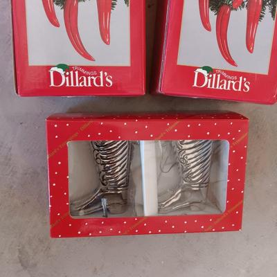 DILLARD'S RED CHILI PEPPERS, SANTAS BOOTS AND BANDANA ORNAMENTS