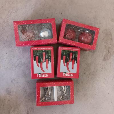 DILLARD'S RED CHILI PEPPERS, SANTAS BOOTS AND BANDANA ORNAMENTS
