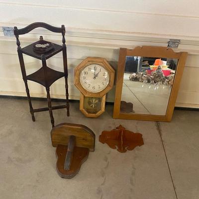 ENAMELWARE PONTIAC ASHTRAY, REGULATOR WALL CLOCK, MIRROR AND SOME OTHER WOODEN ITEMS