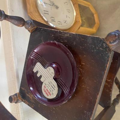 ENAMELWARE PONTIAC ASHTRAY, REGULATOR WALL CLOCK, MIRROR AND SOME OTHER WOODEN ITEMS