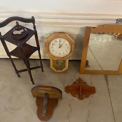 ENAMELWARE PONTIAC ASHTRAY, REGULATOR WALL CLOCK, MIRROR AND SOME OTHER WOODEN ITEMS