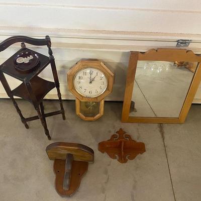 ENAMELWARE PONTIAC ASHTRAY, REGULATOR WALL CLOCK, MIRROR AND SOME OTHER WOODEN ITEMS