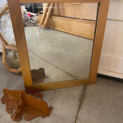 ENAMELWARE PONTIAC ASHTRAY, REGULATOR WALL CLOCK, MIRROR AND SOME OTHER WOODEN ITEMS