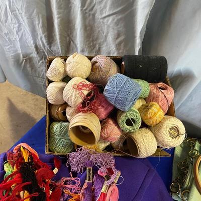 READY TO GO QUILT CUT OUTS, EMBROIDERY THREAT, A HUGE BOX OF CROQUET OR KNITTING THREAD AND MORE!