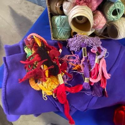READY TO GO QUILT CUT OUTS, EMBROIDERY THREAT, A HUGE BOX OF CROQUET OR KNITTING THREAD AND MORE!