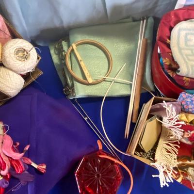 READY TO GO QUILT CUT OUTS, EMBROIDERY THREAT, A HUGE BOX OF CROQUET OR KNITTING THREAD AND MORE!