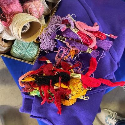 READY TO GO QUILT CUT OUTS, EMBROIDERY THREAT, A HUGE BOX OF CROQUET OR KNITTING THREAD AND MORE!