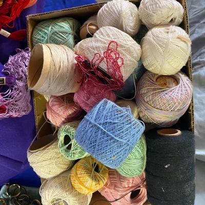 READY TO GO QUILT CUT OUTS, EMBROIDERY THREAT, A HUGE BOX OF CROQUET OR KNITTING THREAD AND MORE!