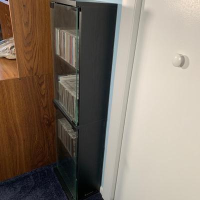 LOT 17 O: Atlantic CD/DVD 4 Tier Glass Door Front Shelving Unit w/ CD's: Neil Diamond "Up On The Roof", Elvis Presley The...