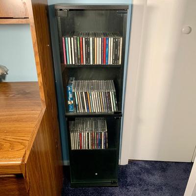 LOT 17 O: Atlantic CD/DVD 4 Tier Glass Door Front Shelving Unit w/ CD's: Neil Diamond "Up On The Roof", Elvis Presley The...