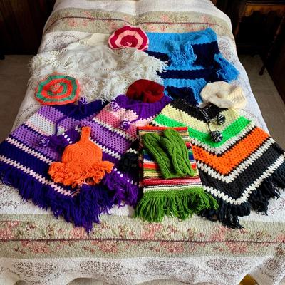 LOT 25 B: Handmade Knit / Crochet Collection: Berets, Shawls, Ponchos, Scarf, Mittens, & Purse