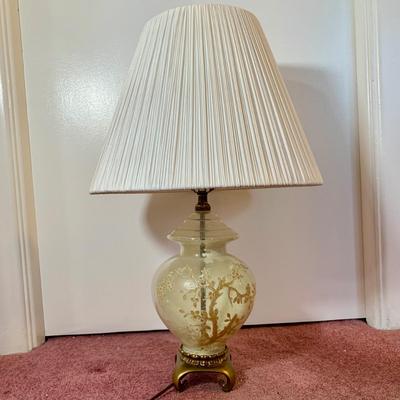 LOT 29 O: Brass Base Hand Painted Glass Ginger Jar Body Table Lamp