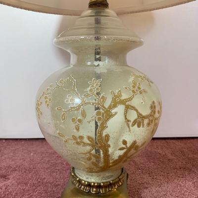 LOT 29 O: Brass Base Hand Painted Glass Ginger Jar Body Table Lamp