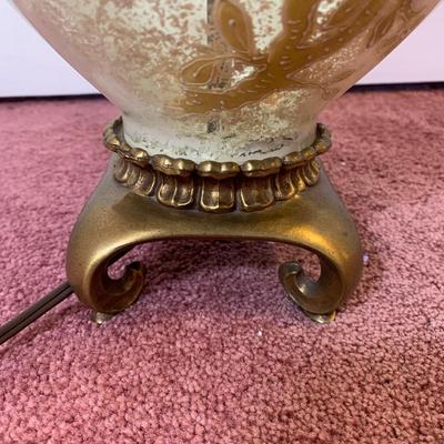 LOT 29 O: Brass Base Hand Painted Glass Ginger Jar Body Table Lamp