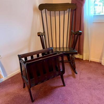LOT 40 L: Vintage Rocking Chair & J.B. Van Sciver Co. Harp Shaped Magazine Rack