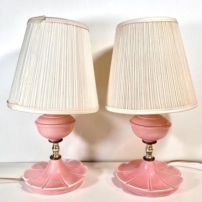 LOT 44L: Scalloped Fringe Ceramic Lamp & Pair of Pink Ceramic Lamps