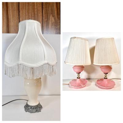 LOT 44L: Scalloped Fringe Ceramic Lamp & Pair of Pink Ceramic Lamps