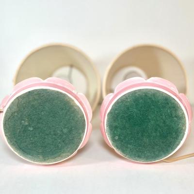 LOT 44L: Scalloped Fringe Ceramic Lamp & Pair of Pink Ceramic Lamps