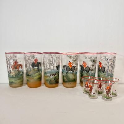 LOT 46L: Vintage Glass Equestrian Hunter Painted Cups & Shot Glasses
