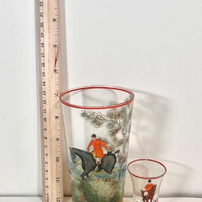 LOT 46L: Vintage Glass Equestrian Hunter Painted Cups & Shot Glasses