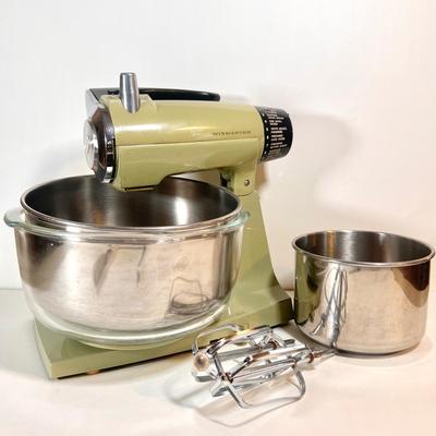 LOT 47K: 1970s Green Sunbeam “Mixmaster” Mixer, 12 Speed with Two Bowls & Mixer Pair