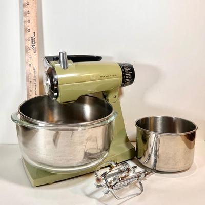 LOT 47K: 1970s Green Sunbeam “Mixmaster” Mixer, 12 Speed with Two Bowls & Mixer Pair