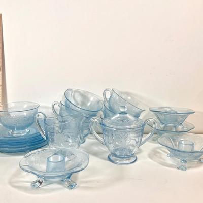 LOT 49K: Vintage Fostoria Retired June Pattern Blue Glass Tea Set