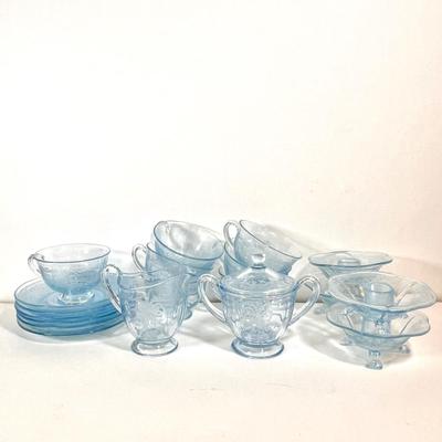 LOT 49K: Vintage Fostoria Retired June Pattern Blue Glass Tea Set