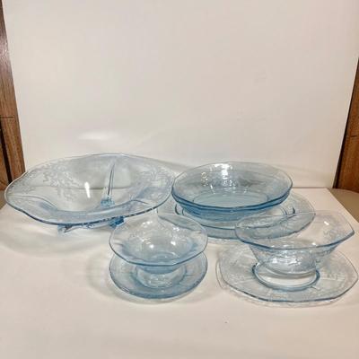 LOT 50K: Vintage Fostoria Retired June Pattern Blue Glass Serving Dishes