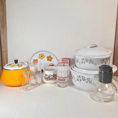 LOT 53K: Vintage 1970s Enamelware Floral Fondue Pot, Corelle Coordinates Ivy Stoneware Dishes, Coca Cola Glass, and More!