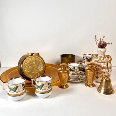 LOT 55K: CC&T Demitasse Butterfly Print Tea Set, Floral Gold Vase, Gold Coasters, Salt&Pepper Shakers, and More!