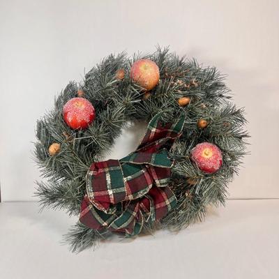 LOT 65L: Three Christmas Wreathes Decorated with Yarn, Bows & Artificial Fruit