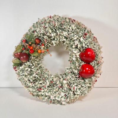 LOT 65L: Three Christmas Wreathes Decorated with Yarn, Bows & Artificial Fruit