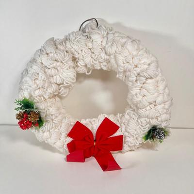 LOT 65L: Three Christmas Wreathes Decorated with Yarn, Bows & Artificial Fruit